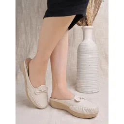 Stylish Comfortable Upper Bow Detailed Cream Slip-On Loafers For Girls Loafers For Women