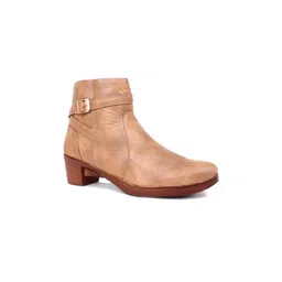 The Roadster Lifestyle Co. Women Beige Mid Top Block Heel Chunky Boots With Buckle Detail