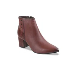 Mochi Women Mid Top Pointed Toe Textured Block Heel Regular Boots