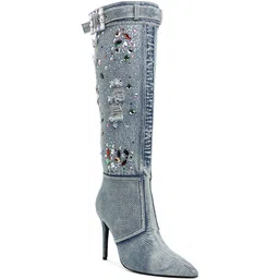 Multi Color Stones Denim Boots For Women