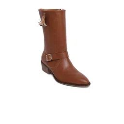 PEPITOES Women High-Top Pointed Toe Block-Heel Regular Boots With Buckle Detail & Tassels