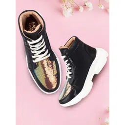 FAUSTO Women Black High Ankle Lace Up Embellished Sneakers
