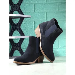 San Frissco Women Genuine Leather Suede Block-Heeled Chelsea Boots