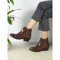 ELLE Women Block-Heeled Leather Winter Boots