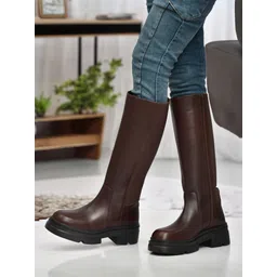 Women's Knee-High Brown Leather Boots Chunky Platform and Side Stretch Panel Boots For Women
