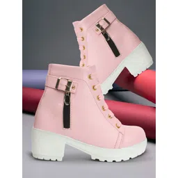 Women's Block Heel Boots Synthetic Leather Booties with Zip and Buckle Detailing Boots For Women