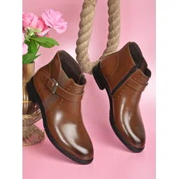 Women Tan Studded High Top Chelsea Blocked Heel Boots Boots For Women