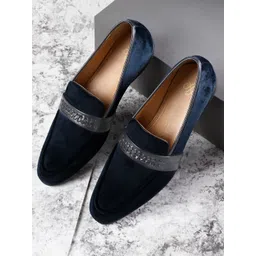 House of Pataudi Men Navy Velvet Finish Handcrafted Slip-Ons