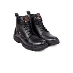 bacca bucci Men Textured Mid Top Flatform-Heel Leather Hiking Boots