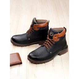 KRAASA Men Black Solid Patent Leather Regular Boots