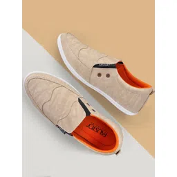 FAUSTO Men Cream-And Orange PU Lightweight Slip-On Sneakers
