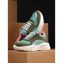 The Roadster Lifestyle Co. Women Olive Green Colourblocked Round Toe Lightweight Sneakers