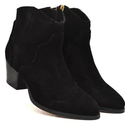 Women Black Suede Block Heel Ankle Boots - Pointed Toe, Side Zip Boots For Women