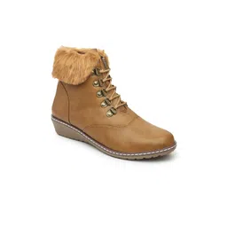 VALIOSAA Women Faux Fur Trim Lace-Up Wedge-Heeled Winter Boots