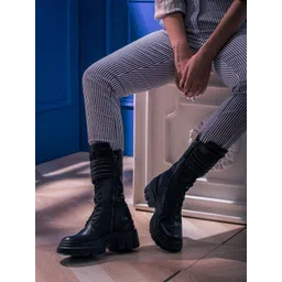 Saint G Black Leather Lace-Up Detail High-Top Regular Boots