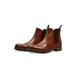 HX London Men Mid Top Textured Brogue Leather Block Heel Chelsea Boots