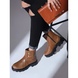 The Roadster Lifestyle Co. Women Brown Mid Top Flatform Heel Chunky Boots With Buckle