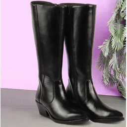 Knee Length Side Zipper Closure Pointed Toe Flared Heel Boots For Women