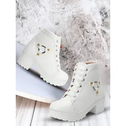 Women's Block Heel Boots Synthetic Leather Lace-Up Booties with Metal Ring Boots For Women
