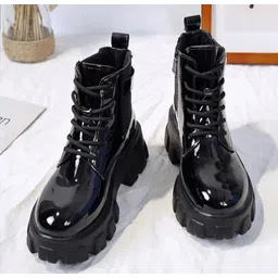 Black Patent Leather Casual Lace up Boote Shoes For Women and Girls Boots For Women